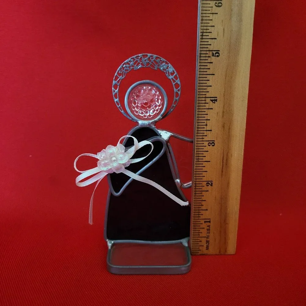 Vintage Stained Glass Free Standing Angel Holding a Flower Blue Suncatcher Pewte